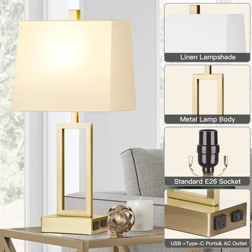 Vista 7 de Rinweey Juego de 2 lámparas de mesa con control táctil, modernas lámparas de noche doradas con puertos USB A+C y salida de CA, lámparas de mesita