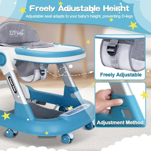 Vista 4 de Andador para bebés con ruedas 4 en 1, centro de actividades plegable con ruedas silenciosas, alturas ajustables, centro de actividades anticaídas