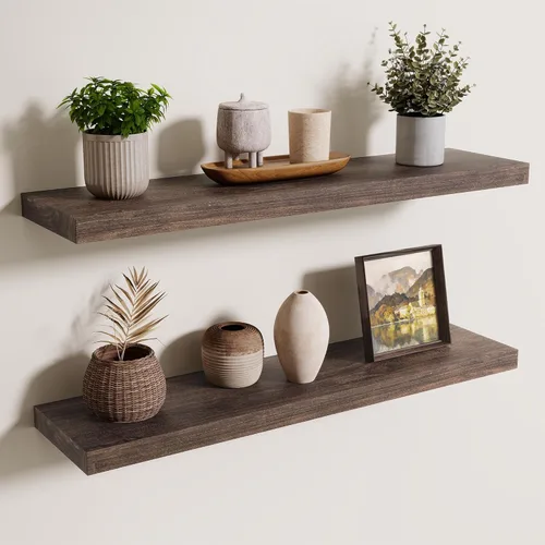 Vista 42 de Axeman Estantes flotantes de madera de olmo rústico para pared, estante de pared de 48 x 8 pulgadas de profundidad con soporte invisible, estantes