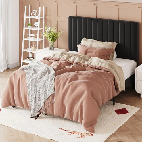 Vista 4 de Allewie Base de cama individual, plataforma tapizada de terciopelo con cabecera capitoné de canal vertical ajustable, base de colchón con listones