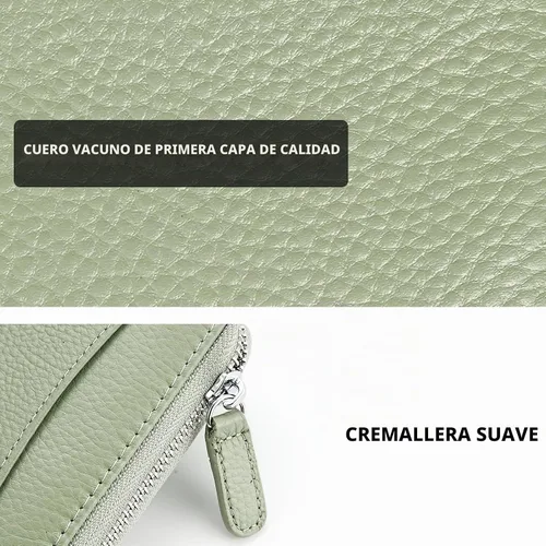 Vista 5 de Cartera de cuero genuino con bloqueo RFID, billetera con cremallera de lujo para mujeres con monedero, Color café, Classic