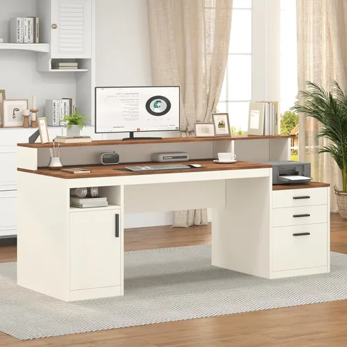 Vista 8 de YOMILUVE Escritorio de computadora de 65 pulgadas con 3 cajones y estantes de almacenamiento, escritorio ejecutivo con cajón para archivos