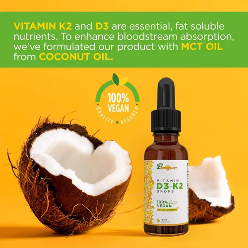 Vista 4 de Gotas líquidas veganas Vitamina D3 K2 (MK7) – Vitamina D líquida 100% a base de plantas mejorada con aceite de coco para una máxima absorción – 1