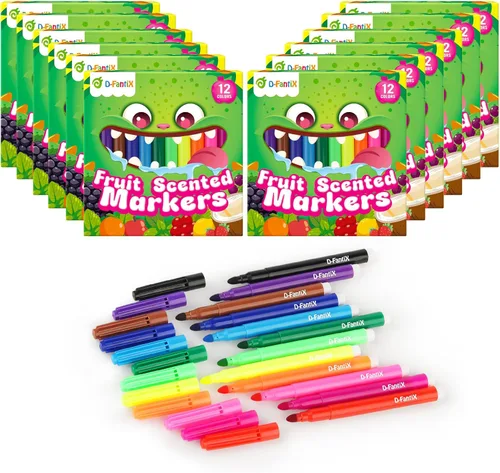 D-FantiX 12 Packs Fruit Scented Washable Markers for Kids Toddlers, 144 Count Coloring Markers Set, Bulk Art Supplies, Back to School Supplies,