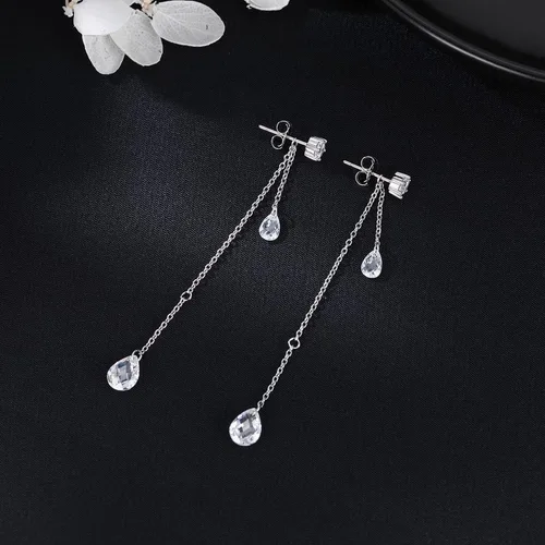 Vista 4 de SLUYNZ Solid 925 Sterling Silver CZ Droplet Dangle Earrings Chain for Women Teens Teardrop Wedding Dangling Earrings Tassel Sparkling CZ Studs Chain