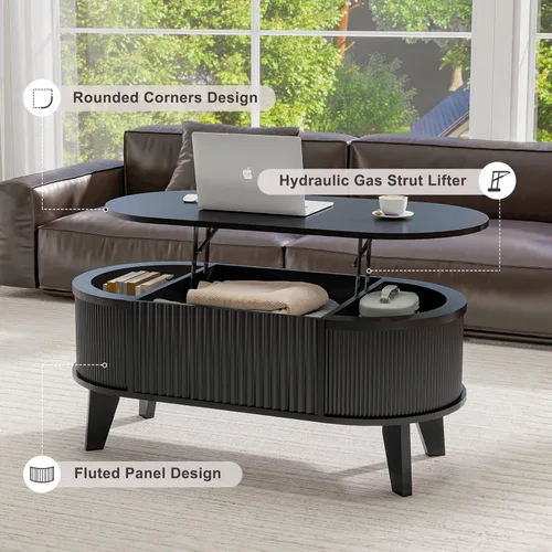 Vista 5 de LYNCOHOME - Mesa de centro con tapa abatible y almacenamiento, mesa de café ovalada moderna para sala de estar u oficina en casa (Negro)