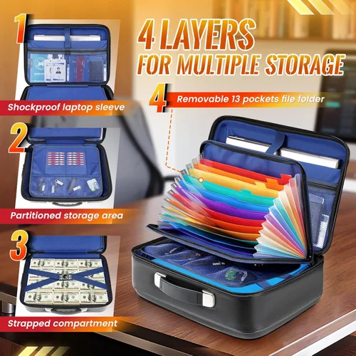 Vista 3 de DEEGO Caja de documentos ignífuga, resistente al fuego, caja fuerte para documentos del hogar con carpeta de archivo de acordeón extraíble, caja