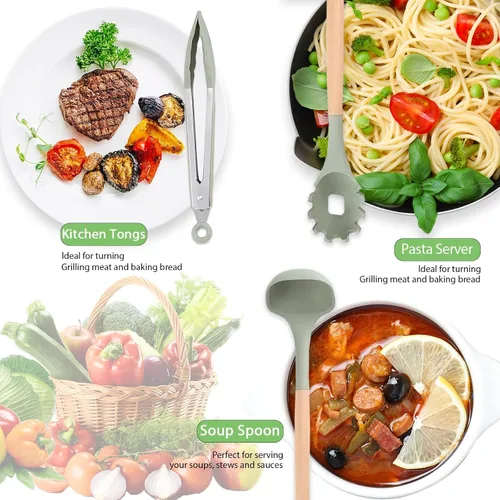 Vista 3 de Juego de cuchillos de cocina profesional de 10 piezas con bloque universal de cuchillos, antiadherentes, resistentes al calor, herramientas de Verde