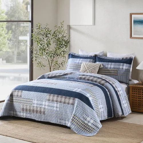 Vista 2 de PANGUSHAN - Juego de edredón tamaño Queen, 100% algodón, juego de ropa de cama, colcha reversible ligera de estilo granja con diseño de retazos, Azul