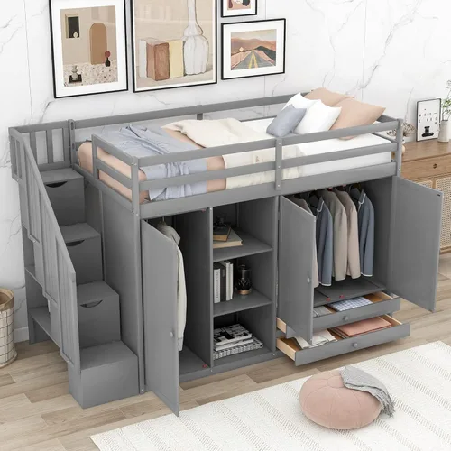 Vista 11 de Cama loft multifuncional de tamaño individual con cajones de almacenamiento y escritorio, marco de cama de madera con escalera de almacenamiento