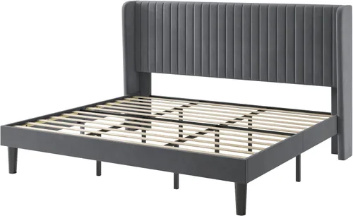 Vista 69 de SHA CERLIN Base de cama de terciopelo tamaño King con cabecera capitoné de canal vertical, plataforma tapizada con listones de madera, no necesita