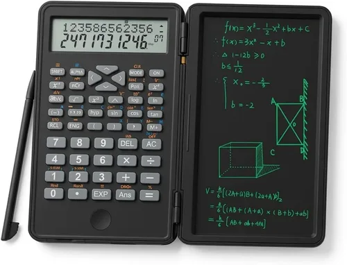 Calculadora científica con tableta de escritura LCD, 240 funciones para matemáticas, física y exámenes, pantalla de doble línea, transparente y Negro