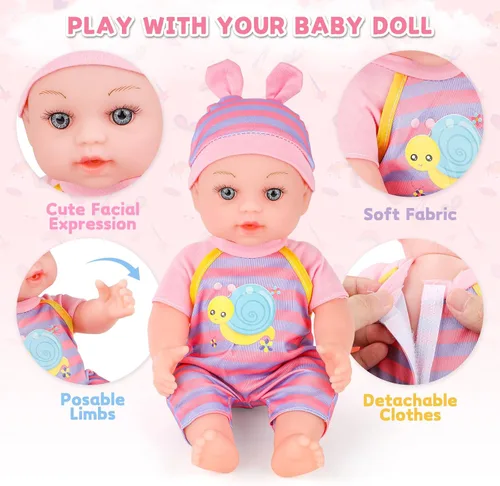 Vista 4 de deAO Juego de cochecito de muñeca de bebé de 12 pulgadas con cochecito de muñeca plegable, 15 piezas, accesorios para muñecas de bebé para niños