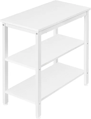 Vista 11 de HOOBRO Mesa auxiliar, mesa lateral rústica simple con estante de almacenamiento de 3 niveles, mesita de noche estrecha para espacios pequeños, fácil