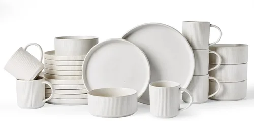 Vista 49 de famiware Juego de vajilla con estrellas, juego de platos y cuencos para 4, 12 piezas de vajilla acanalada - Resistente a las astillas y a