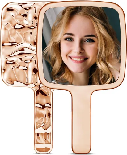 Espejo de mano, espejo de mano con ondas de agua con mango para maquillaje, cuadrado, oro rosa, pequeño (4 x 7 pulgadas)