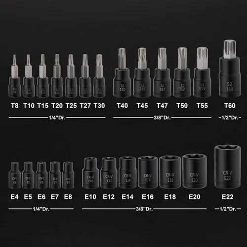 Vista 2 de EMENTOL Juego de brocas Torx y E-Torx, 25 piezas, 1/4 y 3/8 y 1/2 pulgadas, Star Bits T8-T60, enchufes E E4-E22, acero CR-V y S2
