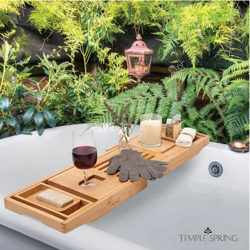 Vista 5 de Temple Spring Bandeja de bañera de madera, accesorios de baño de bambú, bandeja de baño para bañera, artículos esenciales de spa en casa, tabla