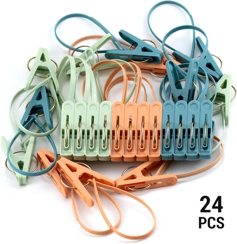 Vista 2 de Paquete de 24 alfileres de ropa con cuerda de plástico para tendedero, ganchos de secado multicolor para ropa, ganchos resistentes al viento