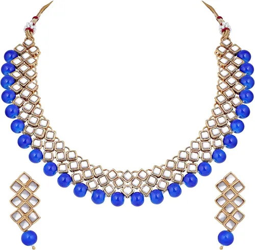 Aheli Juego de collar y aretes para fiesta de boda india, Bollywood, elegante, étnico, tradicional, regalo para mujer Azul 1