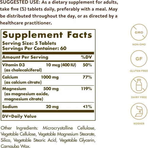 Vista 2 de Solgar Calcio y Magnesio con Vitamina D3, 300 Tabletas - Promueve Huesos Saludables, Apoya la Función Nerviosa y Muscular - Forma Altamente