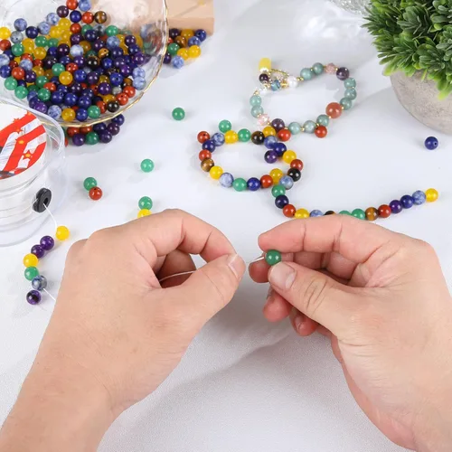 Vista 6 de Cuentas de piedra natural de 7 chakras de 0.236 pulgadas, 100 cuentas redondas de cristal, piedras preciosas sueltas, multicolor, mezcladas