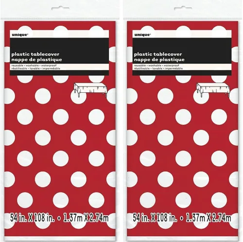 Vista 2 de Paquete de 2 manteles de plástico con lunares, 108 x 54 pulgadas, rojo con puntos blancos