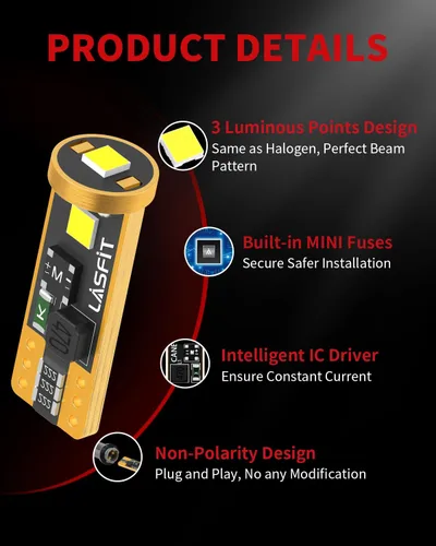 Vista 2 de LASFIT Bombilla LED 194 6000K Blanco, T10 168 2825 W5W Repuesto para Luz de Cúpula Interior, Puerta, Cortesía, Placa de Matrícula, Luz de Maletero