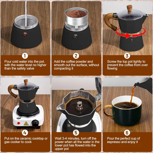 Vista 8 de Juego de Espresso de 2 en 1 con Olla Moka y Cafetera Eléctrica para Estufa, Cafetera de 3 Tazas de Aluminio para Estufa, Percolador, Máquina de Café