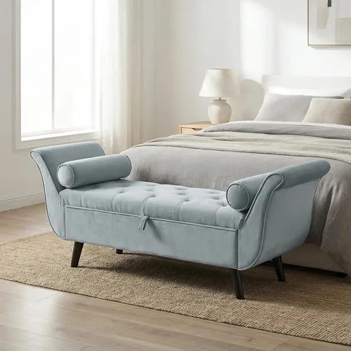 Vista 11 de Banco de almacenamiento al final de la cama para dormitorio, banco de almacenamiento de terciopelo tamaño King de 65" con 2 almohadas, banco sofá