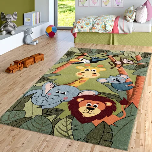 Paco Home Alfombra infantil para guardería con animales de la selva en verde, tamaño 5'3" x 7'7"