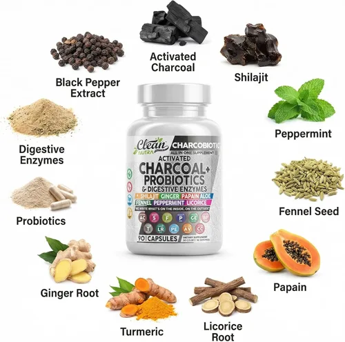 Vista 4 de Clean Nutra - Píldoras de carbón activado + enzimas digestivas probióticas Shilajit para la salud digestiva cápsulas con menta hinojo regaliz