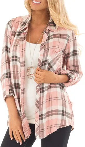 Jug&Po Camisas de franela para mujer, con puños, manga larga, a cuadros, ajuste holgado, con botones, blusa