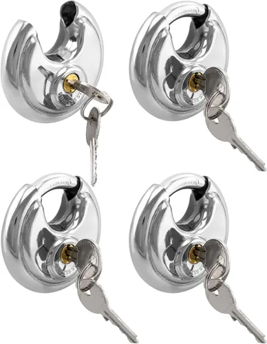 Vista 7 de QWORK Candado de disco con llave similar, paquete de 4 candados de disco de acero inoxidable con grillete de 3/8 pulgadas, 2-3/4 pulgadas de ancho