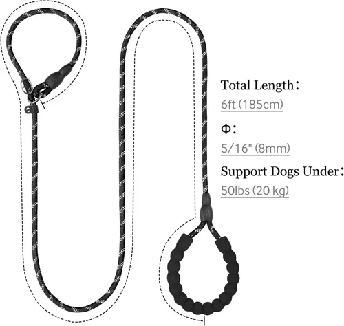 Vista 2 de TagME Correas Deslizantes para Perros, 6 FT Correa Deslizante de Servicio Pesado con Mango Acolchado, Cuerda Fuerte Anti-Tirones Correa de Negro