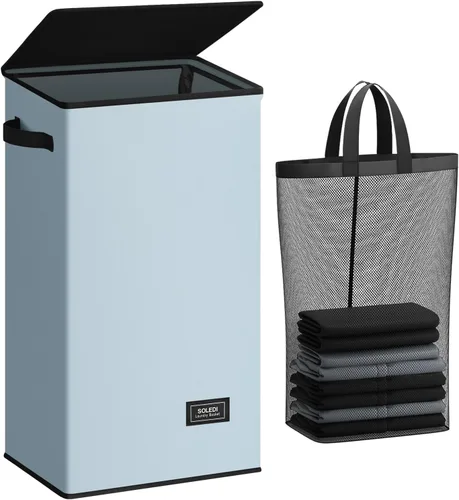 Vista 26 de SOLEDI - Canasta de lavandería con tapa de 100L, canasta de ropa plegable grande y alta, cesta de lavandería con bolsa removible fácil