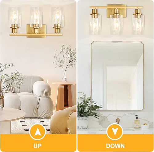 Vista 3 de Lámparas de pared doradas para baño de latón cepillado, lámparas de pared modernas de 3 luces con apliques de vidrio transparente, lámpara de pared