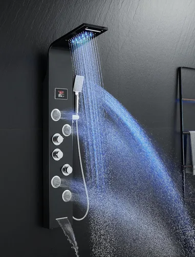 Vista 12 de MENATT Sistema de torre de paneles de ducha LED, sistema de panel de ducha de baño de acero inoxidable SUS304 con 4 chorros de cuerpo, lluvia, Negro
