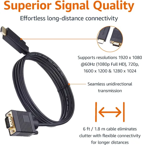Vista 4 de Yaxa Basics - Cable HDMI (fuente) a VGA (pantalla), chapado en oro, 6 pies, color negro (NO bidireccional)