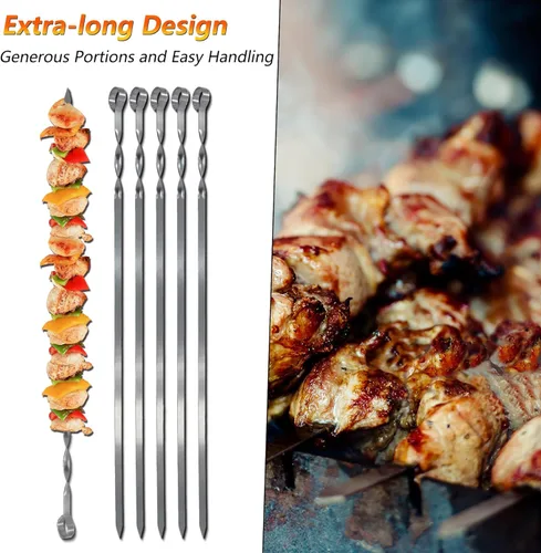 Vista 4 de Hakka - Brochetas de acero inoxidable para barbacoa, 23.6 pulgadas, pinchos de metal resistente para asar palitos grandes y anchos reutilizables
