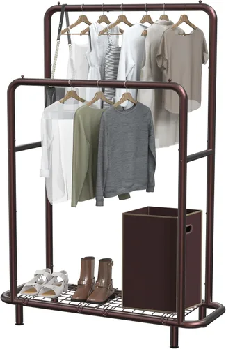 Vista 7 de Estante de ropa Simple Houseware con tubos industriales y estantes inferiores, bronce