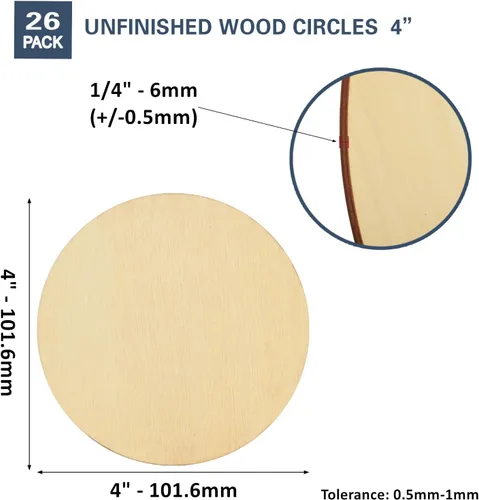Vista 2 de 26 círculos redondos de madera de 1/4 de pulgada de grosor y 4 pulgadas, discos de madera redondos sin terminar, tableros circulares redondos
