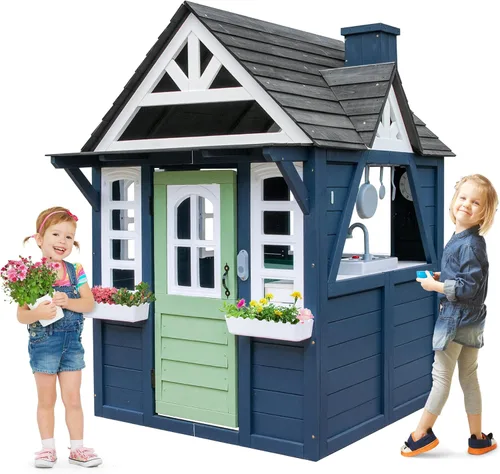 Seizeen Casa de Juegos para Niños al Aire Libre, Casa de Juegos Moderna de Madera de Abeto, Casa de Juegos Tipo Cabaña para Interiores y Exteriores