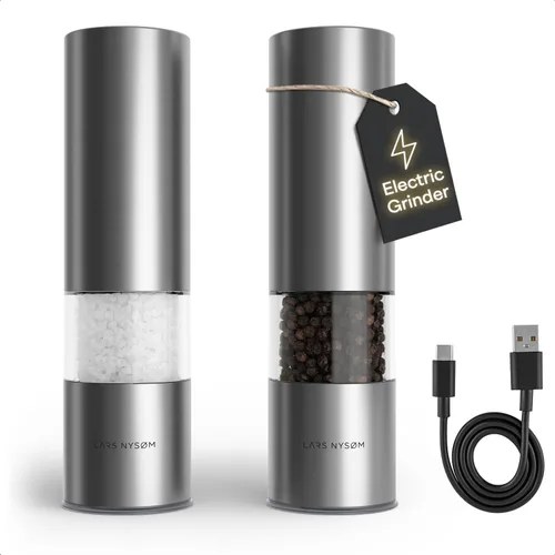 Vista 17 de LARS NYSØM Juego de molinillo eléctrico de sal y pimienta, molinillos automáticos de sal y pimienta con molinillo de cerámica ajustable, juego