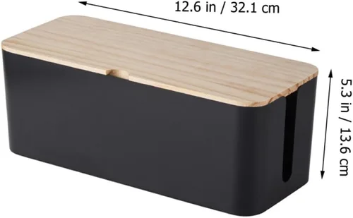 Vista 2 de Veemoon Cable Storage Organizer Box with Natural Wood Lid, Medium Black Anti-electric Socket Storage Case for Charging Cables and Power Strips, Wire