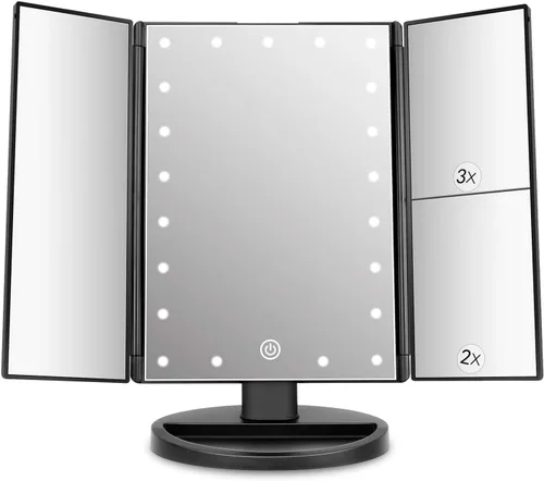 Vista 9 de deweisn Espejo de tocador iluminado de tres pliegues con 21 luces LED, pantalla táctil y aumento 3X/2X/1X, dos modos de fuente de alimentación