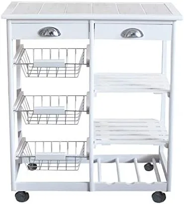 Vista 3 de HOMEN Rolling Wood Kitchen Island Storage Trolley Utility Cart Rack (blanco)