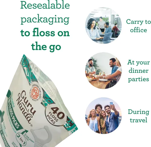 Vista 6 de GuruNanda Palillos de hilo dental 2 en 1, mango de agarre antideslizante, se desliza fácilmente, sin romperse ni deshilacharse, cuidado bucal