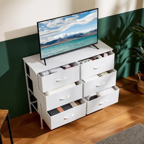 Vista 13 de DUMOS Cómoda de 8 cajones para dormitorio, organizador de almacenamiento de tela con marco de metal resistente, cómoda superior de madera para Negro