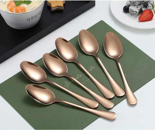 Vista 2 de Kyraton - 6 cucharadas de té de acero inoxidable de 6.7 pulgadas con chapado en cobre y titanio, cuchara de postre, cuchara de café, cucharadita